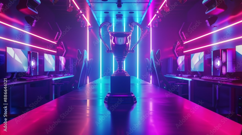 Poster a gleaming trophy sits on a table in the center of a brightly lit esports arena, waiting for the ult