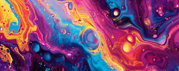 Abstract fluid art background featuring a vibrant mix of neon colors, creating an energetic and bold scene with swirling patterns and eye-catching contrasts.