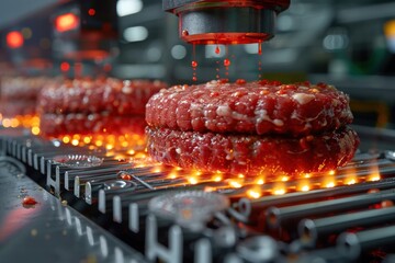 Close-up image capturing the sizzling of juicy burger patties being cooked on a high-tech grill in a modern factory, emphasizing the deliciousness and technology in food prep.