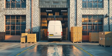 A delivery van parked at a concrete warehouse, ready for loading and unloading, highlighting the industrial and logistical aspects of the setting