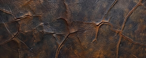A detailed look at leather with a cracked, vintage texture, featuring deep creases and a rich, dark brown color. The aged appearance adds a sense of history and character.