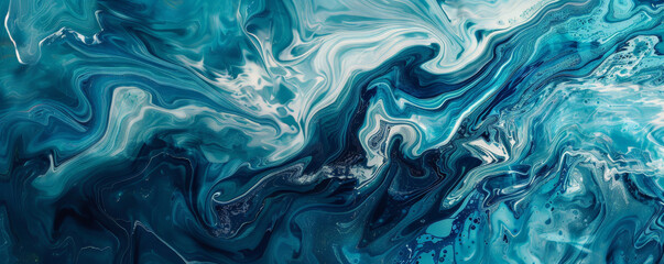 Obraz premium Abstract fluid art background with swirling patterns of deep blues, teals, and white, creating a mesmerizing, oceanic effect with rich textures and dynamic movement.