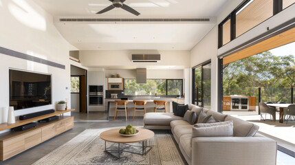 Modern Ceiling-Mounted Cassette Air Conditioner Enhancing Comfort in Spacious Open-Plan Living Room
