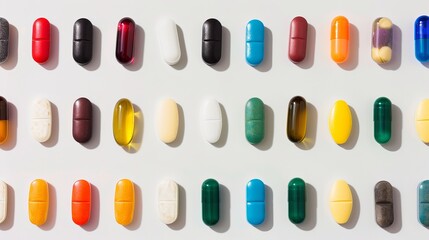 A close-up shot of a variety of colorful pill doses arranged neatly in a grid pattern on a clean white background
