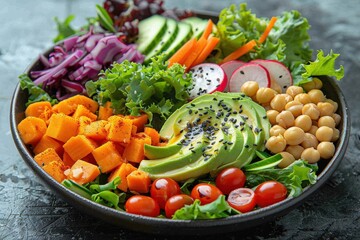 A fresh and colorful vegetable salad featuring sliced avocado, chickpeas, cherry tomatoes, and various greens, beautifully displayed in a bowl for a nutritious and vibrant meal.