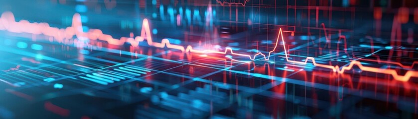 Closeup of a heart rate monitor with irregular heartbeat patterns, representing heart disease, medical technology, cardiac health