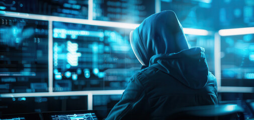 Cybercriminal, holographic data breach, neon cyber room, hightech theft