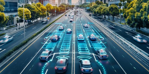 Visualizing modern future holographic car navigation technology on a highway, showcasing advanced augmented reality interfaces for enhanced navigation and driving experiences