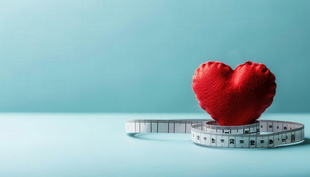 Heart with a tape measure around it, symbolizing the link between obesity and hyperlipidemia, weight management, cardiovascular health
