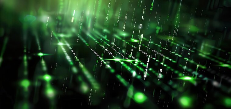 Matrixstyle green code raining down, cyber security, digital infiltration