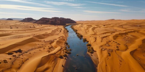 Fototapeta premium A river flowing through the middle of a desert, bathed in sunlight, offering a stark contrast to the surrounding arid terrain