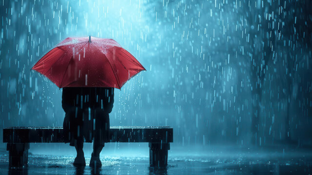 Person sitting on a bench in the rain, without an umbrella, representing the pervasive sadness of depression, mental health, emotional struggle