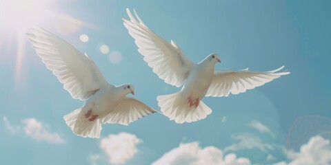 Two white doves soaring through a clear blue sky