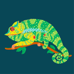 A vibrant, colorful chameleon with green, yellow, and blue stripes and spots, perched on a branch. Detailed design highlights its curled tail, textured skin, and eyes, set against a foliage background