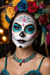 beautiful woman with painted skull on her face for Mexico's Day of the Dead