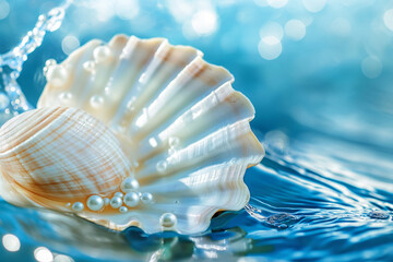 Scallop shell podium with pearls, Open shell with a pearl on tropical sandy beach.