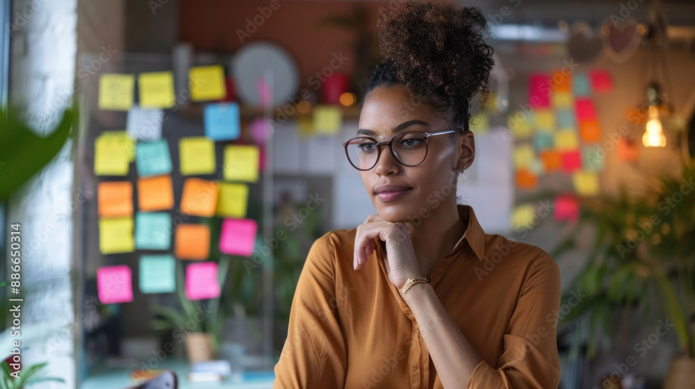 Poster a woman wearing glasses, standing in an office with sticky notes on the wall, reflecting a diligent 
