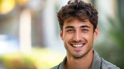 Obraz premium Portrait of a Smiling Young Man with Curly Hair in an Outdoor Setting, Ideal for Digital and Print Media