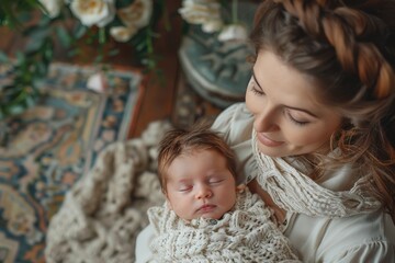 A serene mother gently cradles her sleeping baby, both wrapped in intricately knitted blankets, surrounded by soft decor and natural elements in a cozy setting.