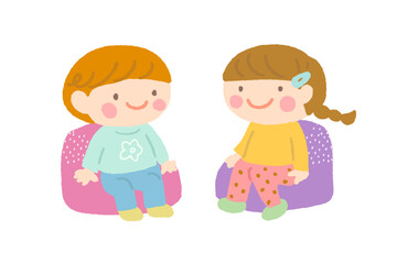 椅子に向かい合って座る2人の子供のイラスト