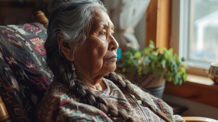 Portrait of an Elderly Native American Woman Reflecting by a Window, Highlighting Cultural Heritage and Timeless Wisdom, Perfect for Cultural Studies, Posters, and Historical Exhibitions