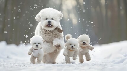 There was a cute Bichon dog and 3 little Bichon bears playing in the snow together.