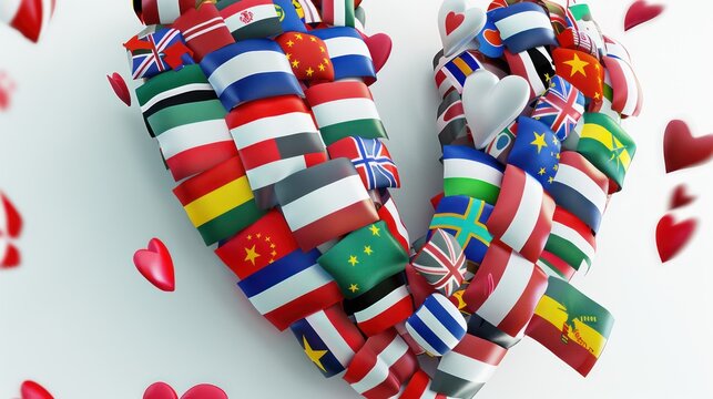 Many world flags create 3D heart on white background.
