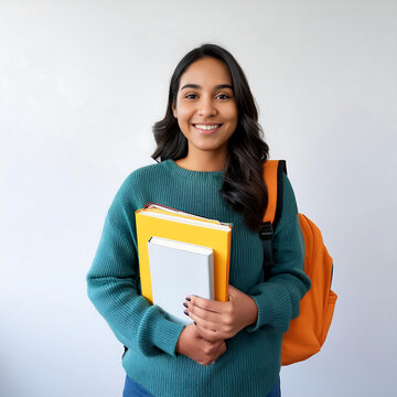 Estudiante con buso verde, alegre cargando mochila y cuadernos