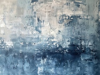 textured abstract painting with rough brushstrokes in shades of blue and grey distressed effect creates depth and visual interest moody and contemplative atmosphere