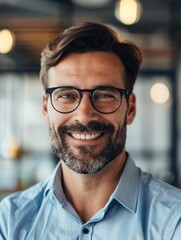 Obraz premium A happy person with glasses and beard smiling, suitable for illustrations or editorial use