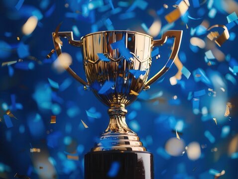 triumphant golden trophy amidst swirling blue confetti dramatic lighting creates contrast between shiny award and deep blue background conveying victory