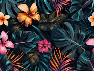 tropical pattern stylized palm leaves and exotic flowers bold colors on black background modern take on botanical illustration