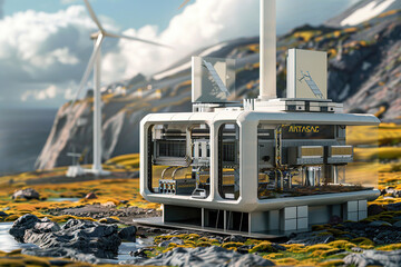 Generative ai on theme of wind power farm with rotation propellers, does not pollute environment