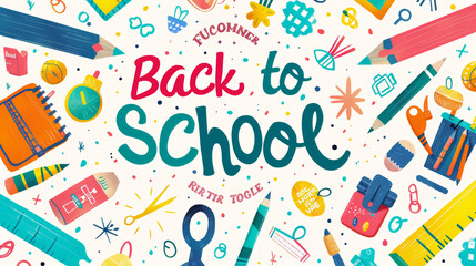 Colorful Back to School Banner with Collage of School Supplies in Whimsical Design for Posters and Cards