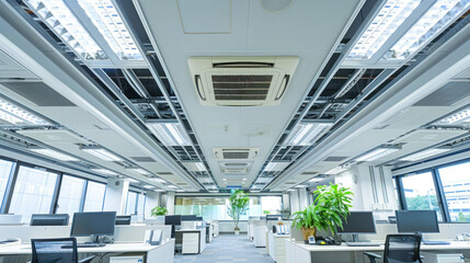 Fototapeta premium Modern Office Interior with Cassette Air Conditioners Integrated in Ceiling Design