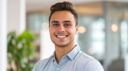 Obraz premium Confident Smiling Young Man in Casual Shirt Indoors, Perfect for Corporate, Professional Profile, and Marketing