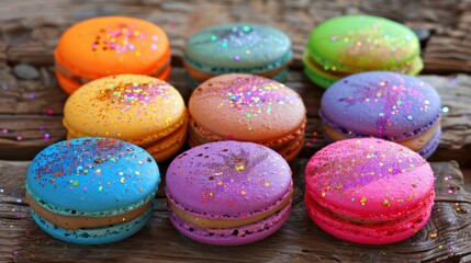 Fototapeta premium Vibrant Glittery Macarons on Rustic Wooden Background - Perfect for Confectionery Design, Print, Poster