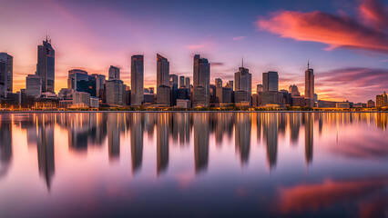 Obraz premium A breathtaking panoramic view of a city skyline at sunset 