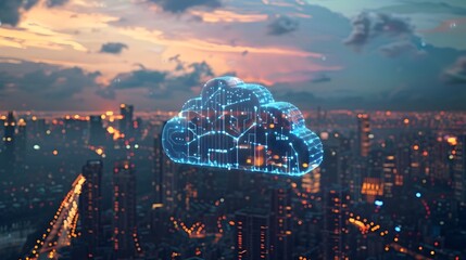 Digital Cloud Hovering Over a Futuristic Cityscape Illustrating the of Cloud Computing in Urban Life