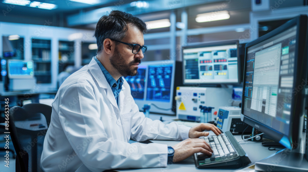 Poster Inquisitive Scientist Analyzing Data on Computer in State-of-the-Art Laboratory