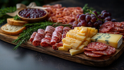 T&aacute;bua de frios salame queijo p&atilde;o geleia montagem profissional gastronomia uva frutas madeira IA Generativa