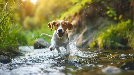 Happy and Cheerful Cute Puppy Running Along a Forest Stream on a Sunny Summer Day