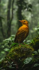 Fototapeta premium Majestic Goldeeg Bird Perched on Moss-Covered Rock in Lush Forest.