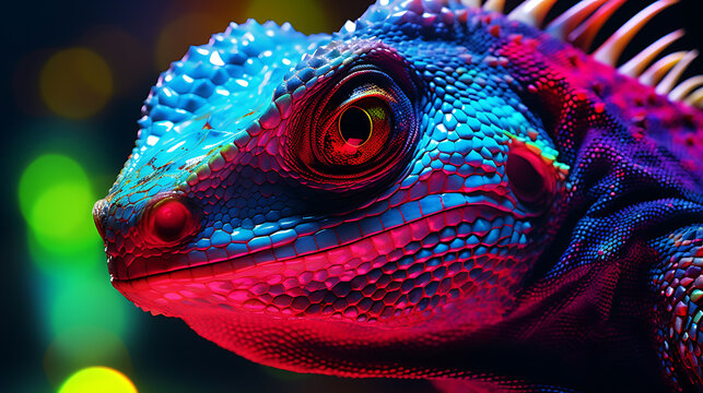 Colorful lizard in neon colors. Dark background with a close-up.