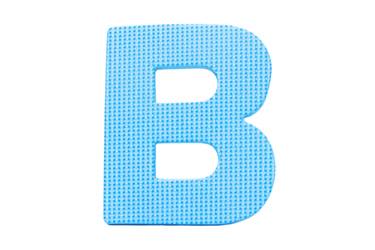Jigsaw foam plastic light blue English uppercase "B" alphabet isolated on cut out PNG or transparent background. Character. Colorful foam alphabet puzzle pieces used in learning education for children - Powered by Adobe