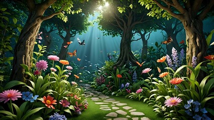 Fototapeta premium Magical forest path with vibrant flowers and butterflies.