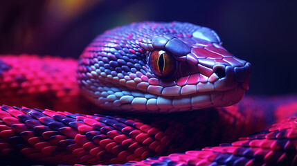 Fototapeta premium Colorful snake in neon violet and purple colors. Dark background with a close-up.