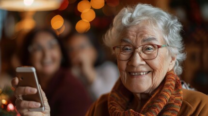 Elderly Woman Enjoying Family Gathering, Smiling and Chatting on Smartphone - Festive Background