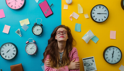 Mulher Branca de bra&ccedil;os cruzados espertando anciedade cercada de rel&oacute;gios e notas de dinheiro e smartphones Tempo Emo&ccedil;&otilde;es Dilemas Escolhas Satizfa&ccedil;&atilde;o IA Generativa