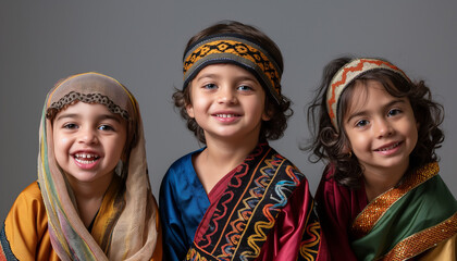 3 Crian;as sorrindo com trajes t&iacute;picos da Biblia Sagrada diversidade cultural Religi&aacute;o Cristianismo IA Generativa